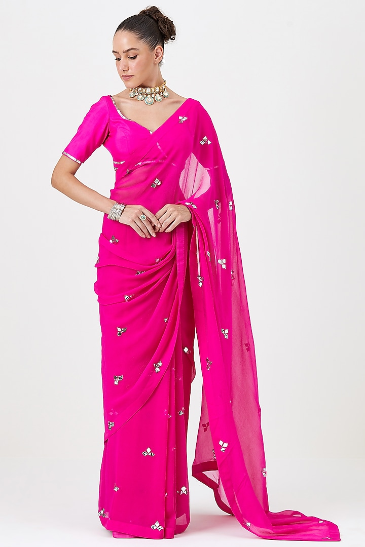 Neon Pink Crinkle Chiffon Saree Set by Sitaraa at Pernia's Pop Up Shop