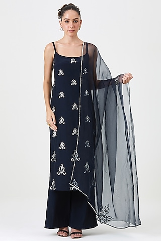 Navy Blue Natural Crepe Silk Embellished Kurta Set by Sitaraa