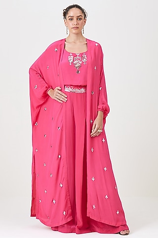 Pink Natural Crepe Nakshi Embellished Cape Set by Sitaraa