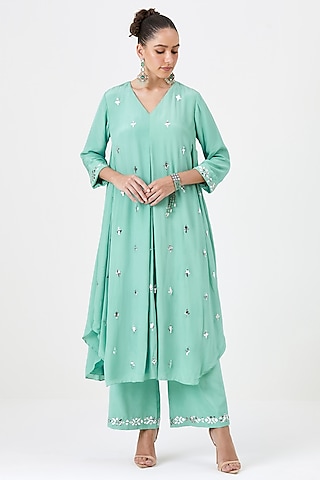 Mint Natural Crepe Silk Tunic Set by Sitaraa