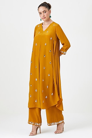 Mustard Natural Crepe Silk Tunic Set by Sitaraa