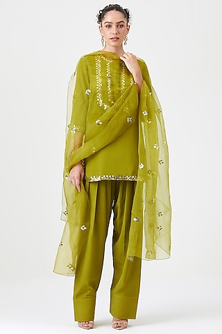 Green Natural Crepe Silk Mukaish Work Kurta Set by Sitaraa
