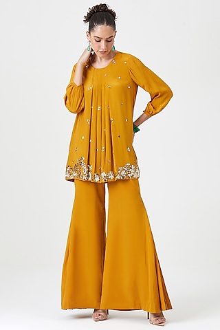 Mustard Natural Crepe Silk Sharara Set by Sitaraa