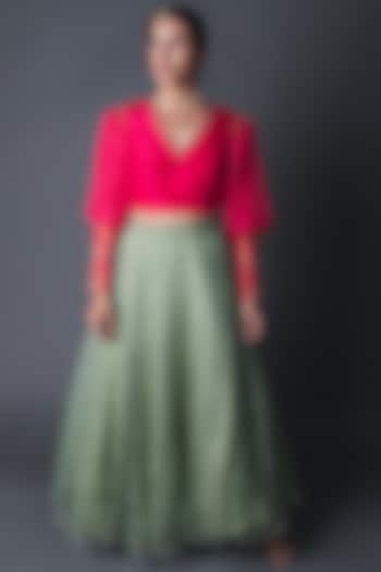 Mint Green & Fuchsia Embroidered Skirt Set by Sitaraa at Pernia's Pop Up Shop