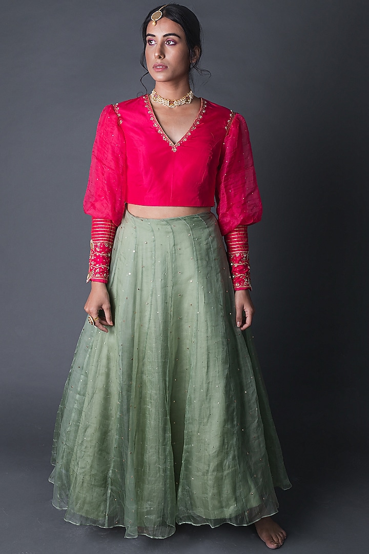 Mint Green & Fuchsia Embroidered Skirt Set by Sitaraa at Pernia's Pop Up Shop