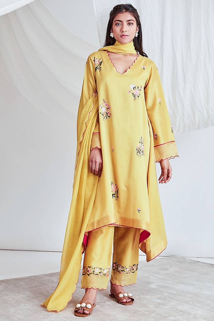 Yellow Embroidered Kaftan Set by Sitaraa