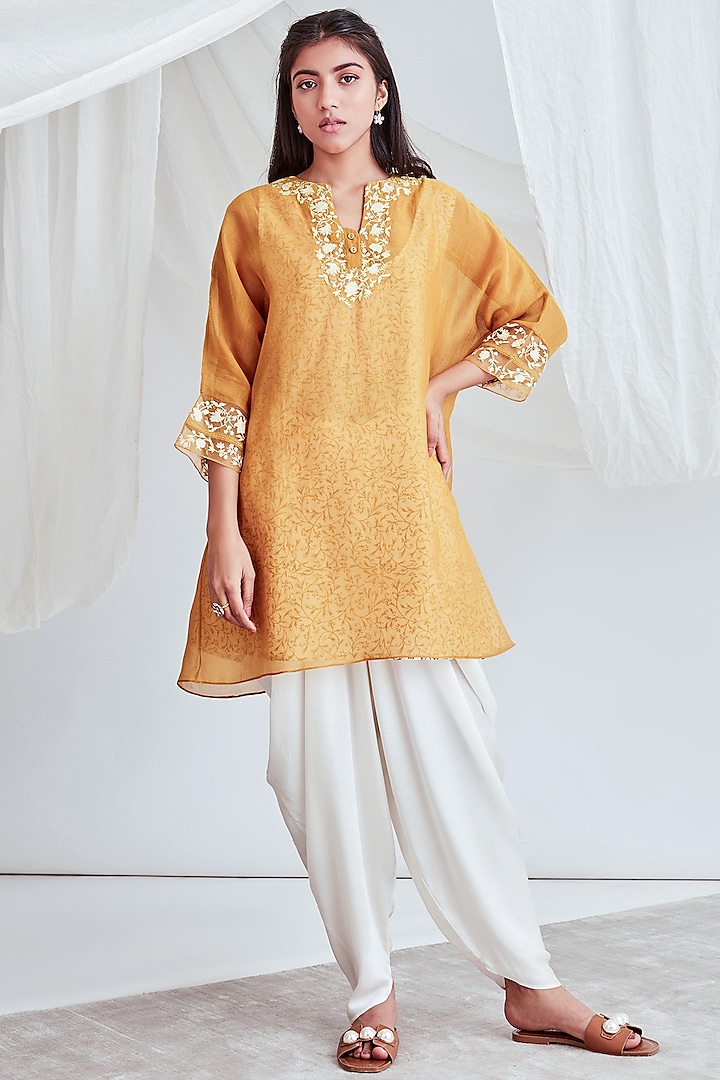 Mustard Embroidered Tunic With Slip by Sitaraa