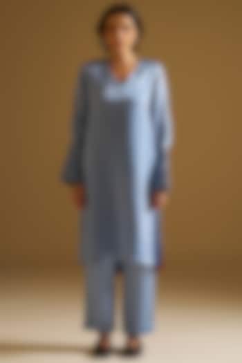 Muted Blue Silk Linen Hand Embroidered Kurta Set by Sitaraa at Pernia's Pop Up Shop