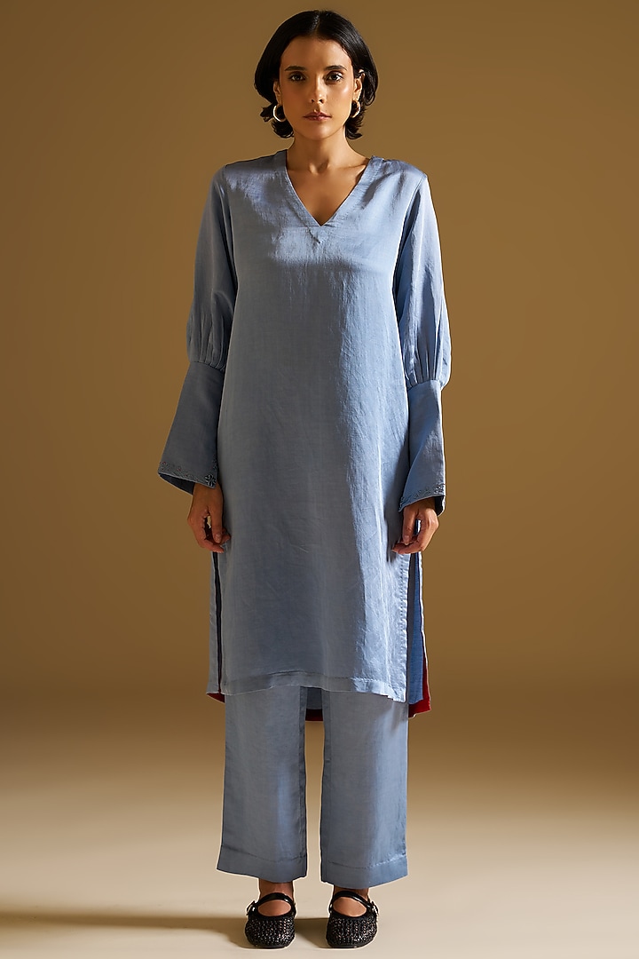 Muted Blue Silk Linen Hand Embroidered Kurta Set by Sitaraa at Pernia's Pop Up Shop