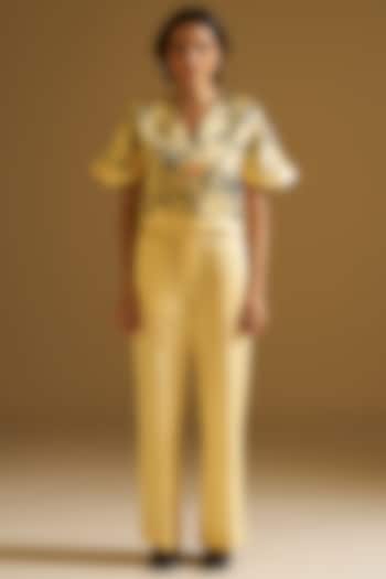 Yellow Silk Linen Motifs Printed Pant Set by Sitaraa at Pernia's Pop Up Shop