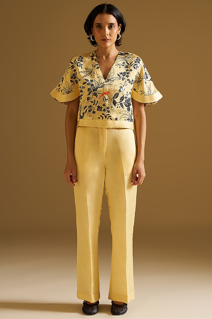Yellow Silk Linen Motifs Printed Pant Set by Sitaraa at Pernia's Pop Up Shop
