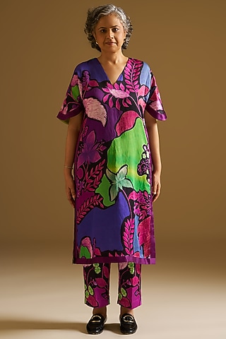 Multi-Colored Silk Linen Digital Printed Kurta Set by Sitaraa