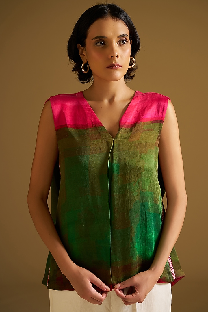 Multi-Colored Silk Linen Hand  Embroidered Top by Sitaraa at Pernia's Pop Up Shop