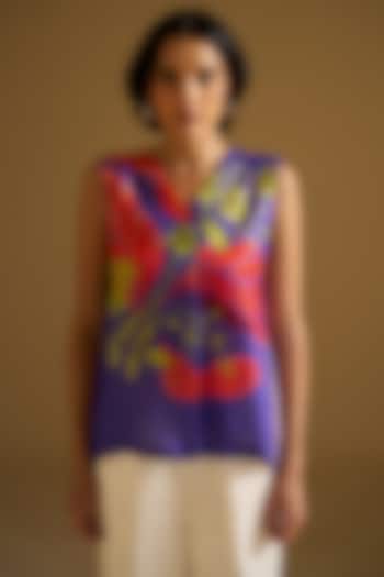 Purple Silk Linen Floral Printed & Beads Embroidered Top by Sitaraa at Pernia's Pop Up Shop