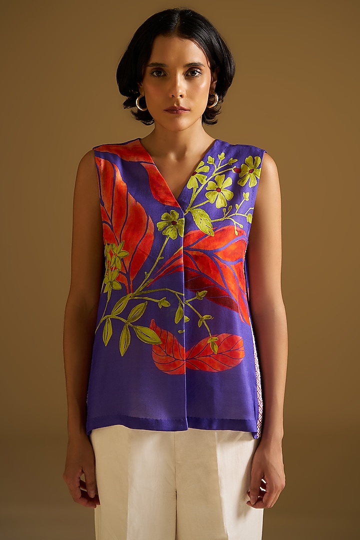 Purple Silk Linen Floral Printed & Beads Embroidered Top by Sitaraa at Pernia's Pop Up Shop