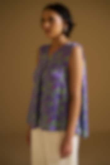 Purple Silk Linen Printed & Beads Embroidered Top by Sitaraa at Pernia's Pop Up Shop