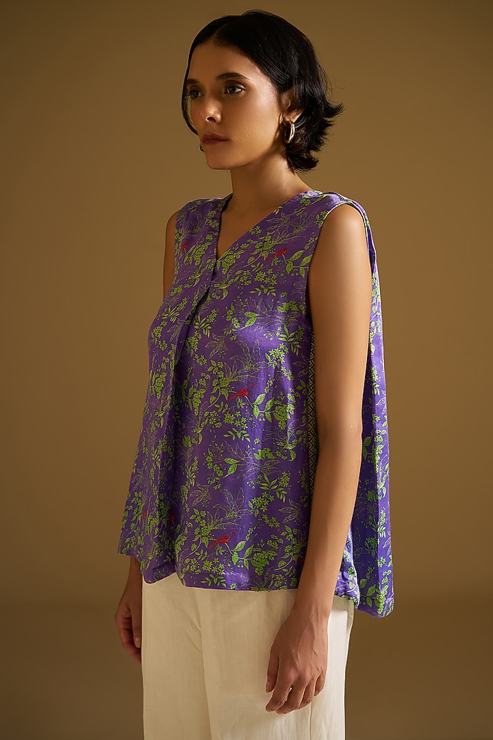 Purple Silk Linen Printed & Beads Embroidered Top by Sitaraa at Pernia's Pop Up Shop