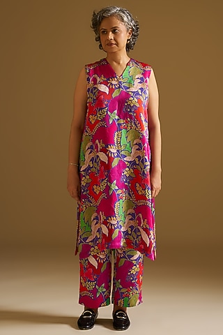 Multi-Colored Silk Linen Floral Digital Printed Kurta Set by Sitaraa