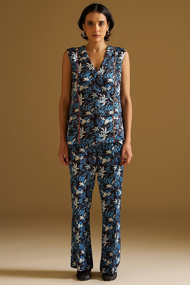 Midnight Blue Silk Linen Printed Co-Ord Set by Sitaraa at Pernia's Pop Up Shop