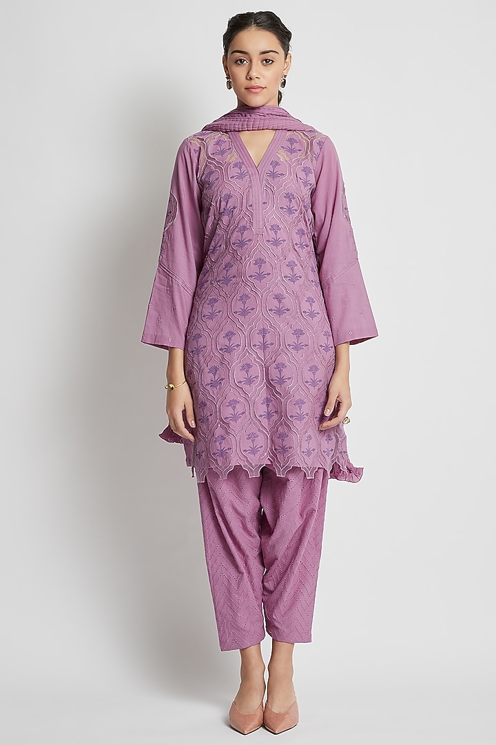 Purple Hand Block Printed Kurta Set by Sitaraa at Pernia's Pop Up Shop