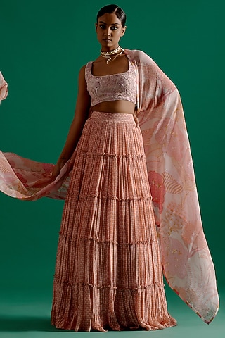 Blush Pink Crepe & Organza Printed Layered Lehenga Set by Sitaraa