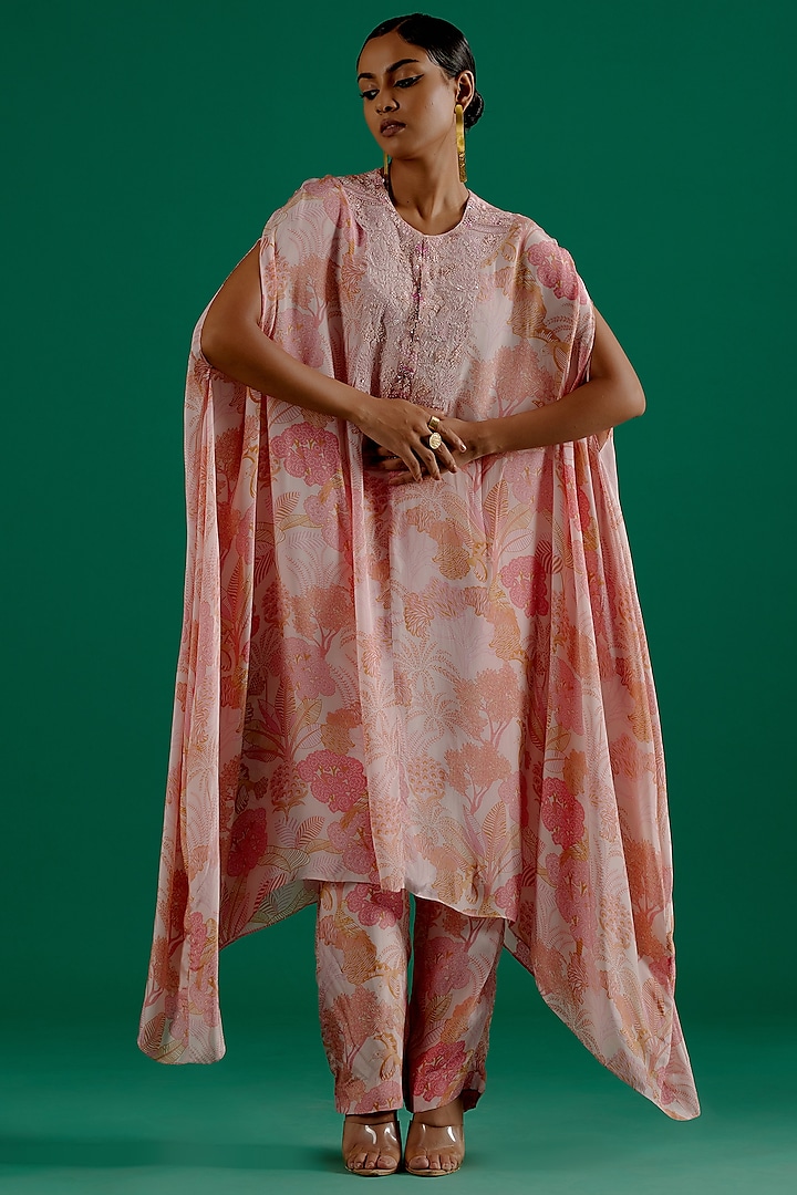 Blush Pink Crepe Embroidered & Printed Kaftan Set by Sitaraa