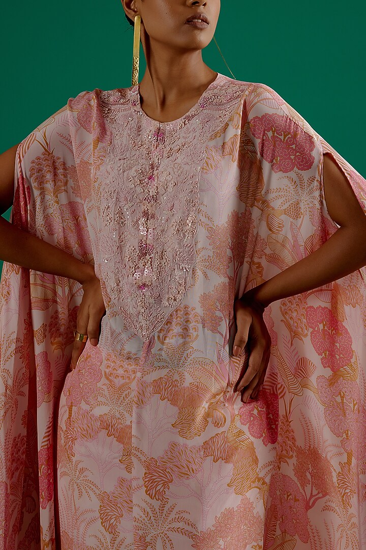 Blush Pink Crepe Embroidered & Printed Kaftan Set by Sitaraa at Pernia's Pop Up Shop