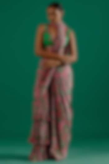 Green & Fuchsia Crepe Printed Saree Set by Sitaraa