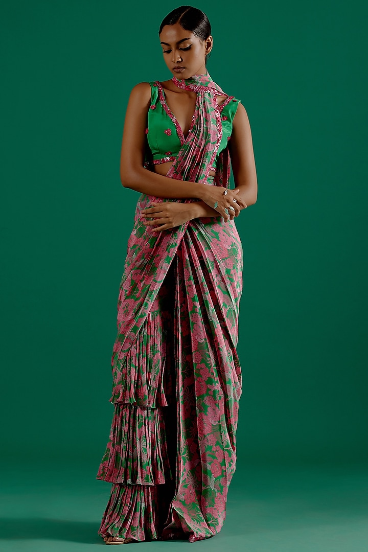 Green & Fuchsia Crepe Printed Saree Set by Sitaraa
