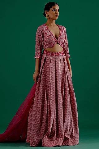 Green & Fuchsia Modal Silk Embroidered & Printed Lehenga Set by Sitaraa