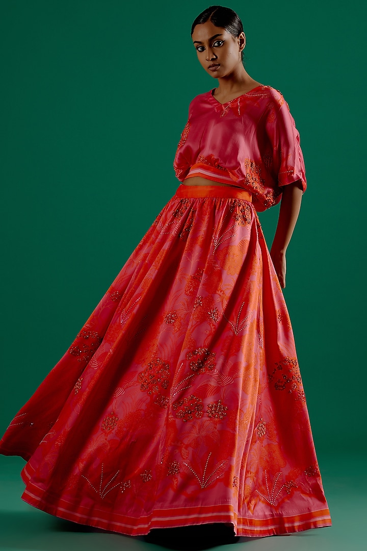 Red & Fuchsia Modal Silk Embroidered & Printed Lehenga Set by Sitaraa