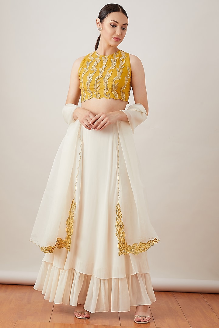 Off White Georgette Layered Lehenga Set by Sitaraa