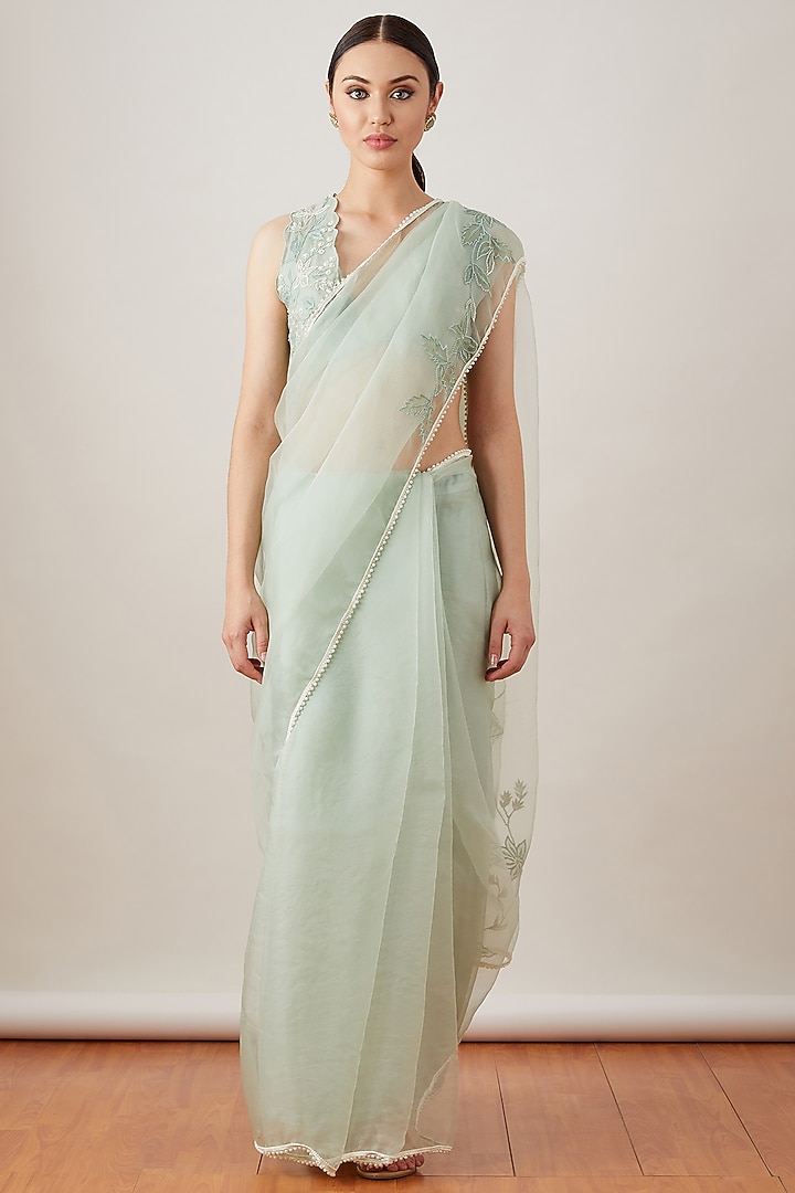 Sage Green Hand Embroidered Wedding Saree Set by Sitaraa at Pernia's Pop Up Shop