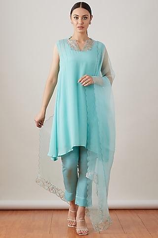 Aqua Embroidered Kurta Set by Sitaraa