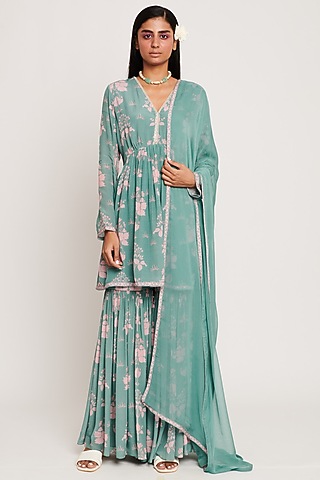 Green Floral Printed Gharara Set by Sitaraa