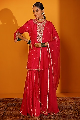 Fuchsia Habutai SIlk Sharara Set by Sitaraa