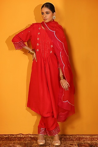 Red Chanderi SIlk Kurta Set by Sitaraa