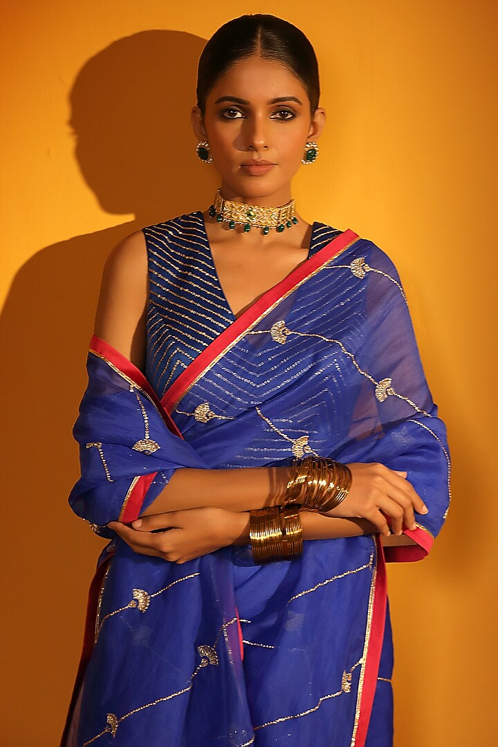 Blue Silk Wedding Saree Set by Sitaraa at Pernia's Pop Up Shop