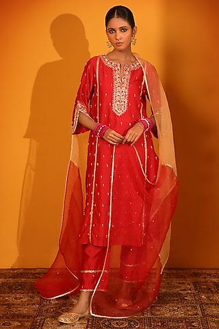 Red Habutai Silk Kurta Set by Sitaraa