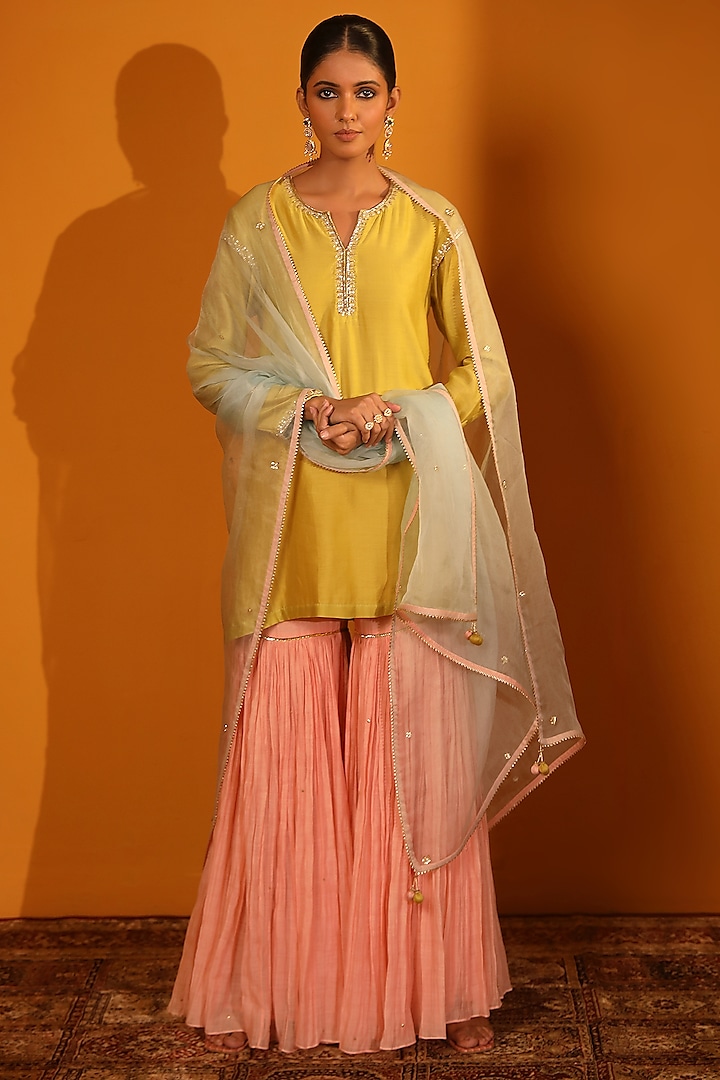 Peach Chanderi Silk Sharara Set by Sitaraa