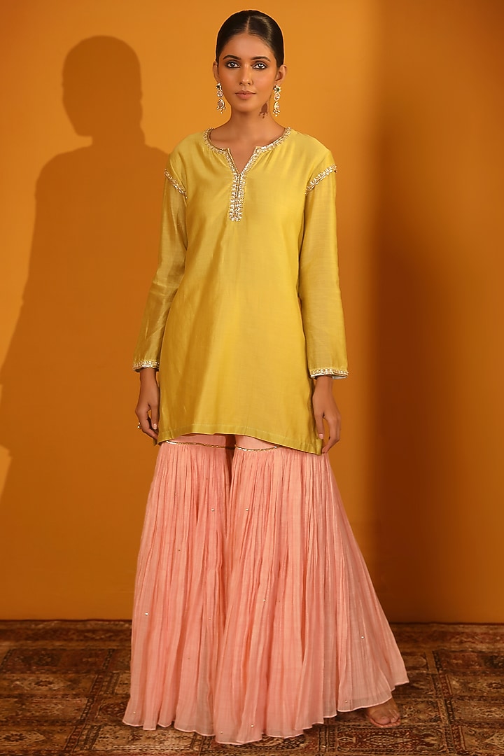 Peach Chanderi Silk Party Wear Sharara Set by Sitaraa at Pernia's Pop Up Shop