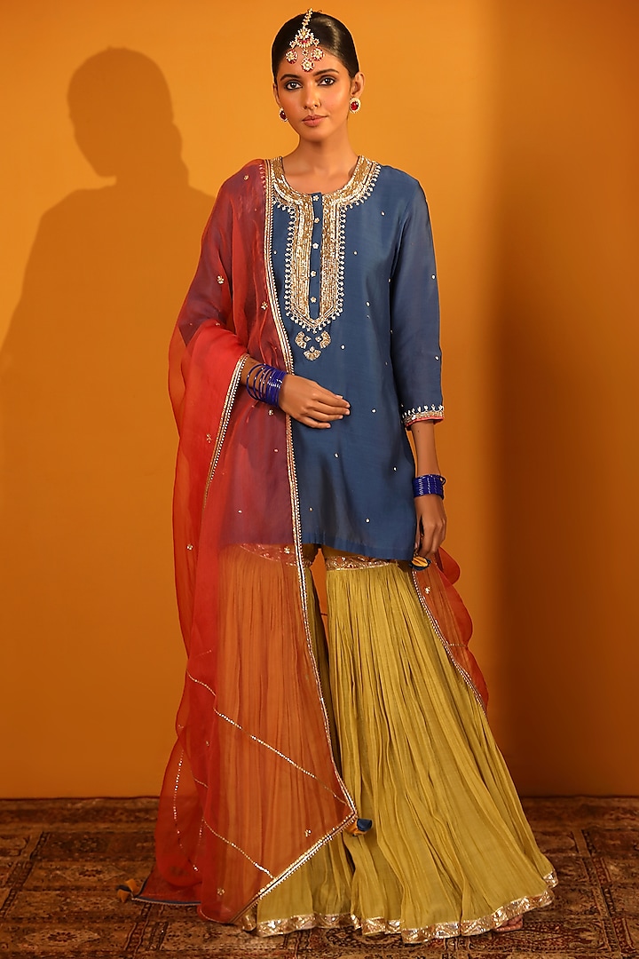 Yellow Chanderi Silk Sharara Set by Sitaraa