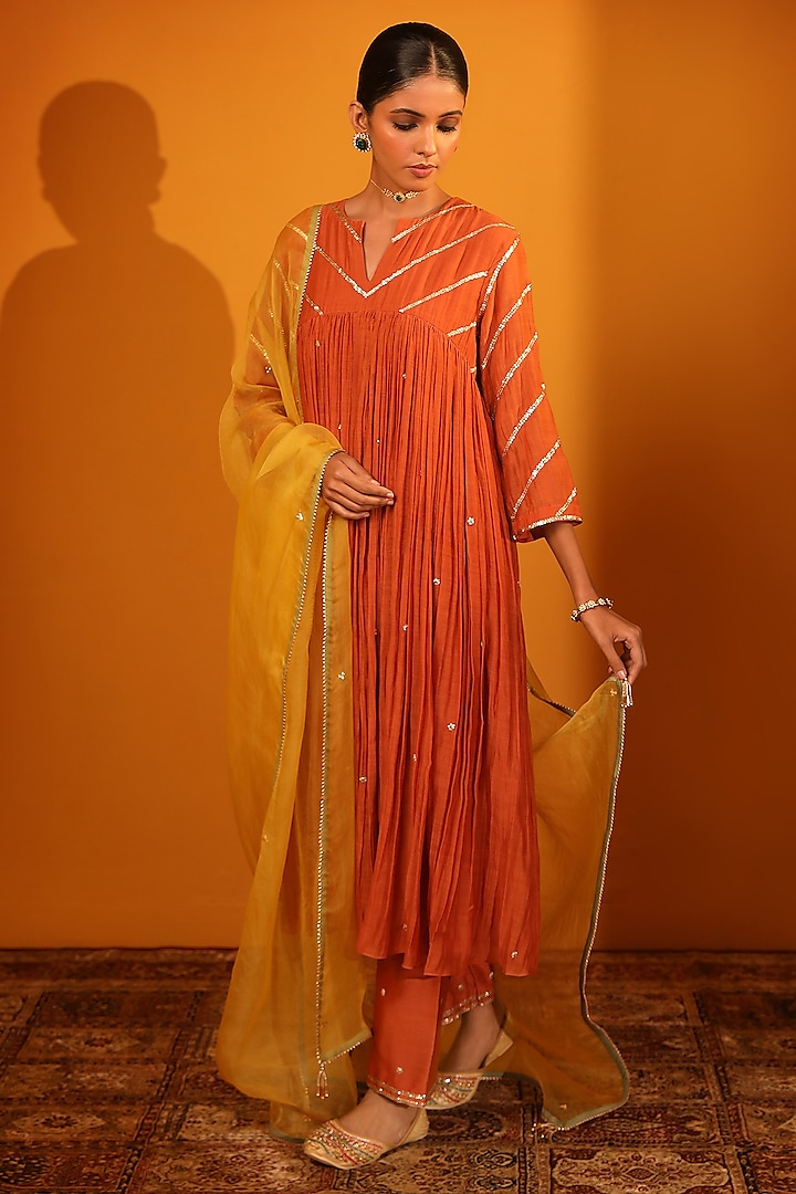 Orange Chanderi Silk Kurta Set by Sitaraa