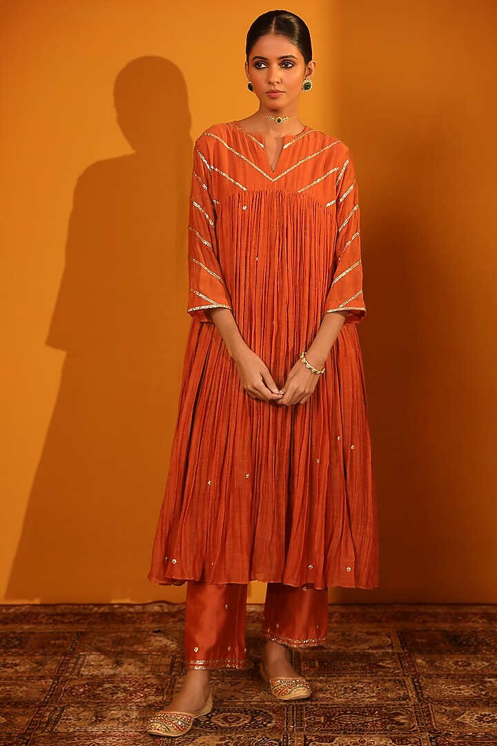 Rust Chanderi Silk Kurta Set by Sitaraa at Pernia's Pop Up Shop