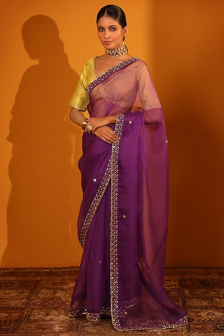 Purple Chanderi Silk & Organza Saree Set by Sitaraa
