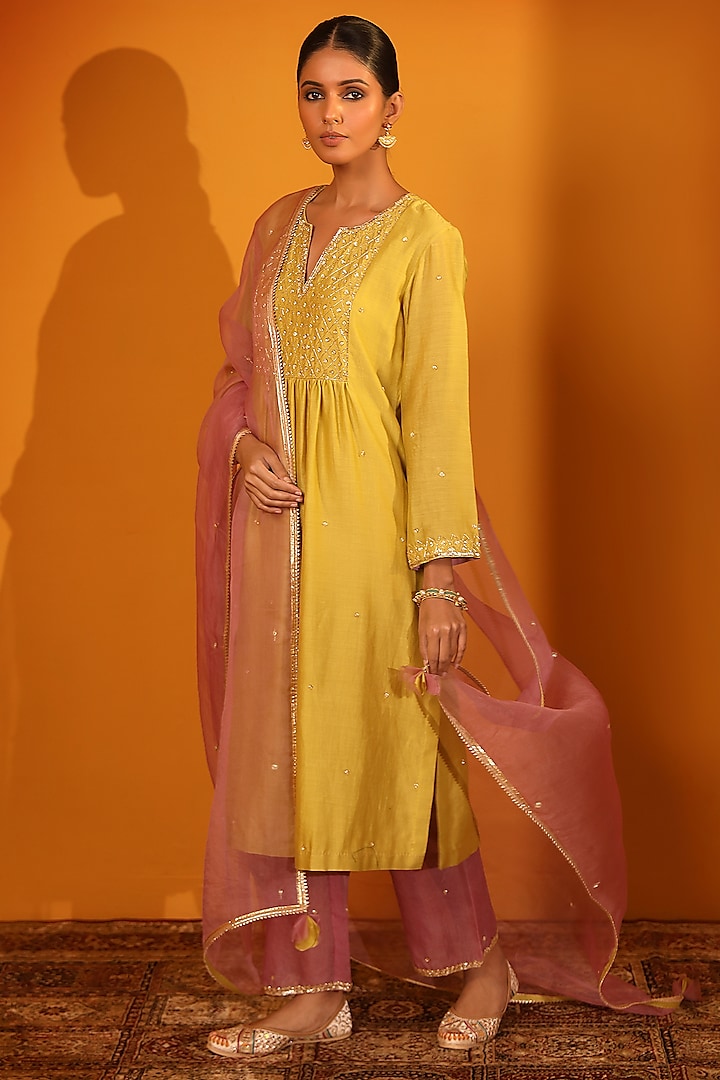 Yellow Chanderi Silk Kurta Set by Sitaraa