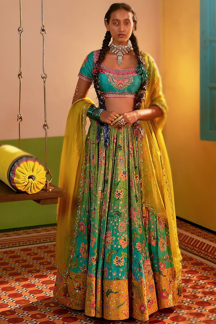 Turquoise Dupion Hand Embroidered & Printed Lehenga Set by SIDDHARTHA BANSAL