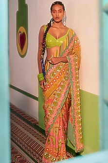Sunset Orange Pure Crepe Hand Embroidered & Printed Saree Set by SIDDHARTHA BANSAL-RAKSHA BANDHAN EDIT
