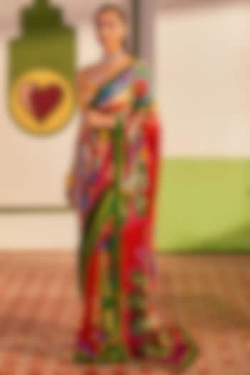 Multi-Colored Pure Crepe Hand Embroidered & Printed Saree Set by SIDDHARTHA BANSAL at Pernia's Pop Up Shop