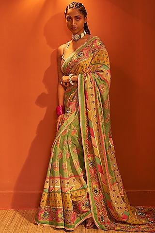 Sage Green Pure Crepe Hand Embroidered Saree Set by SIDDHARTHA BANSAL